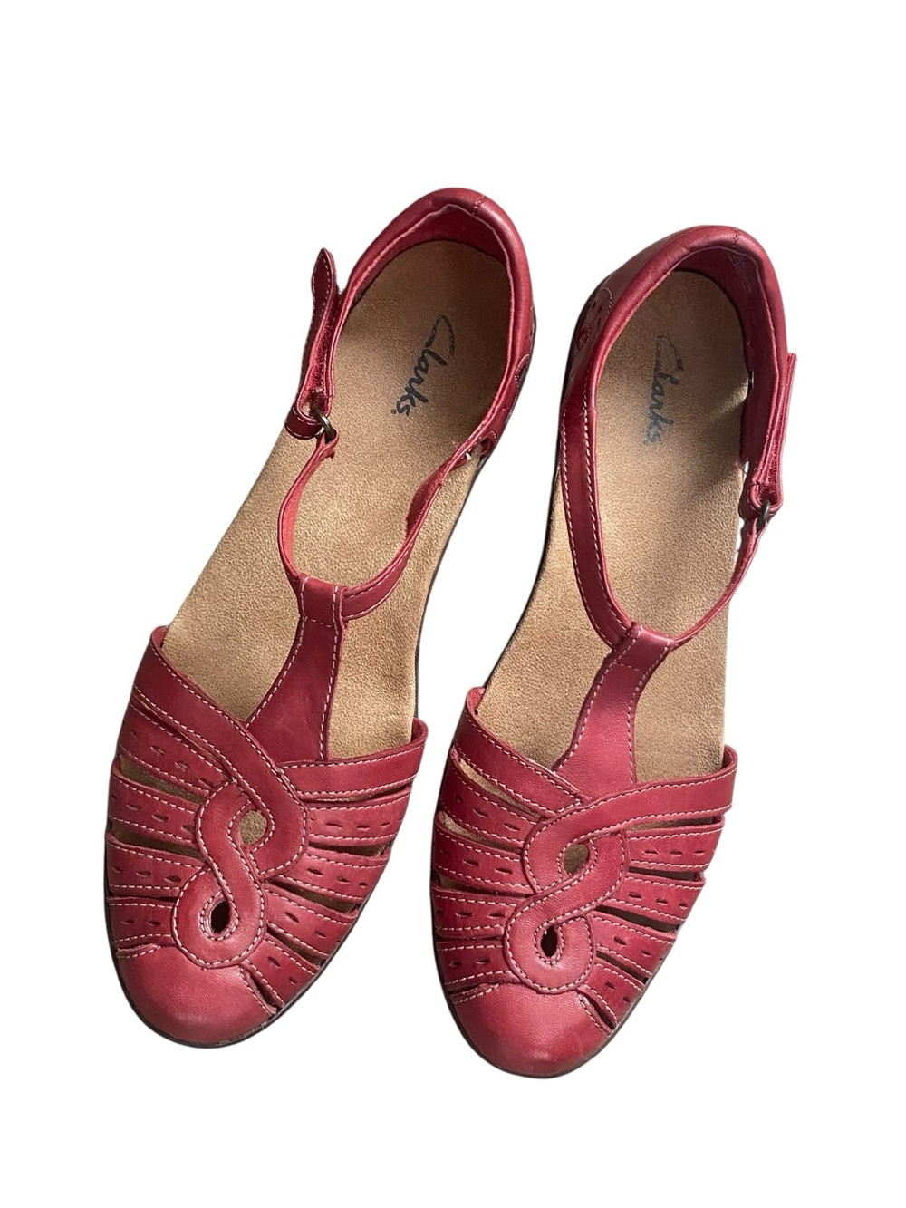Clarks Red Leather Wendy Ankle Strap Comfort Sandals Size 9M